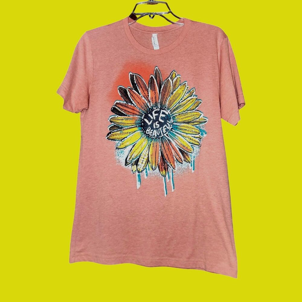 Orange Novelty Life Is Beautiful Sunflower Short Sleeve T-shirt Size M